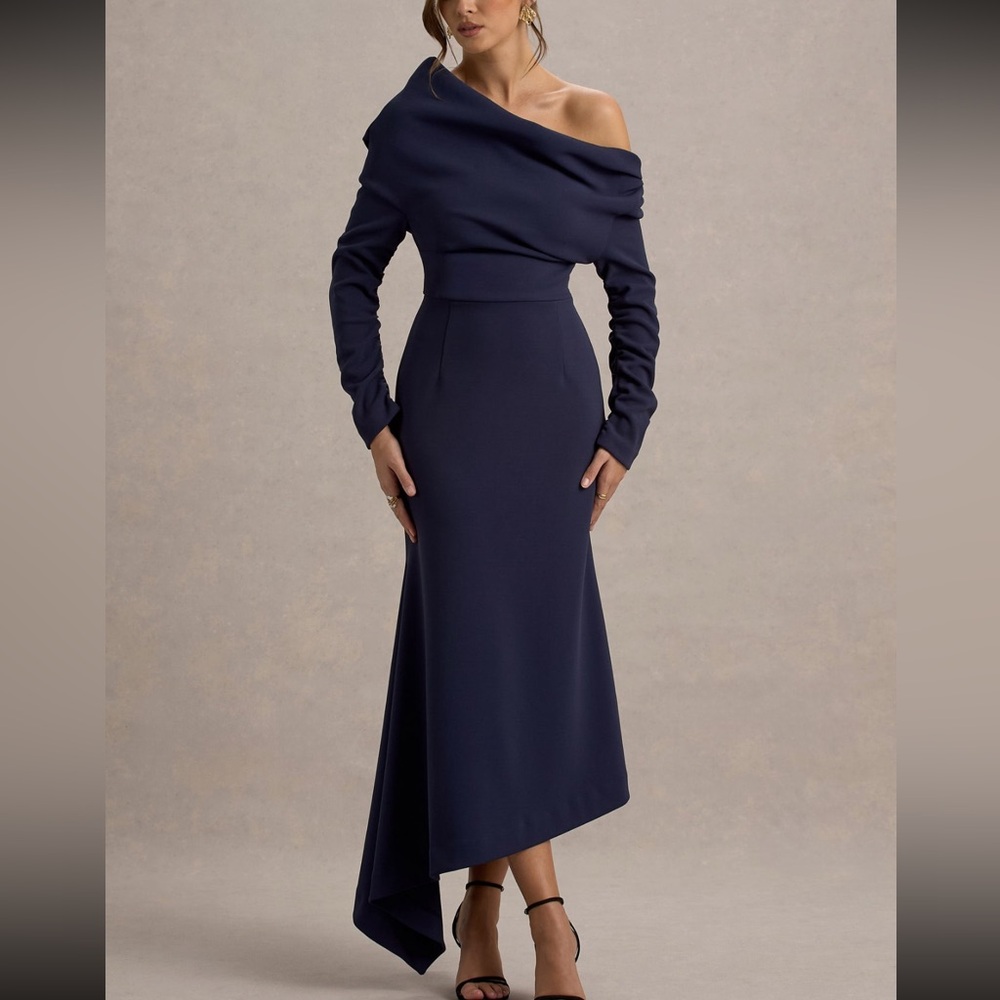 Club L London - Lou navy blue asymmetrical midi maxi dress